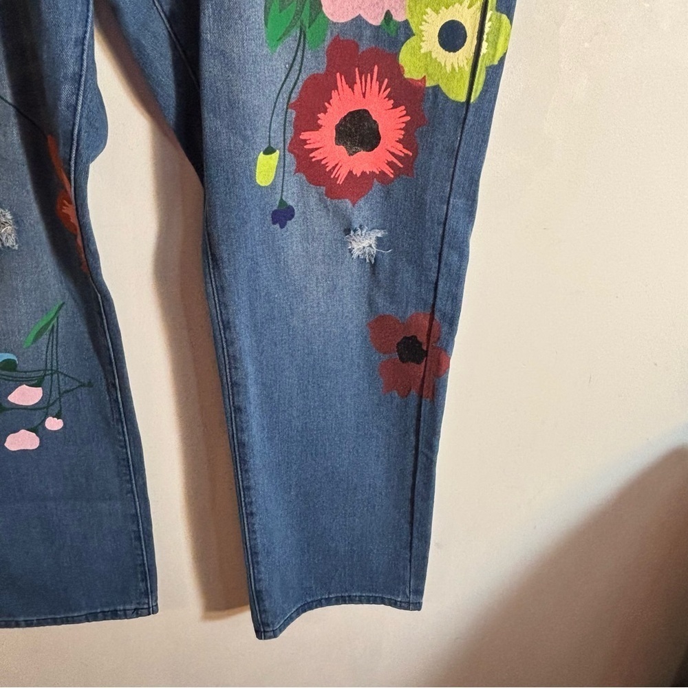 MISSLOOK SZ 5XL (US 16 equivalent) Painted Floral Straight Leg High Rise Jeans - Picture 6 of 12